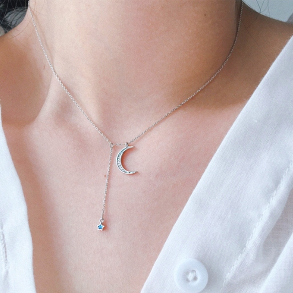 S925 sterling silver crescent moon blue zircon star necklace - Picture 1 of 8